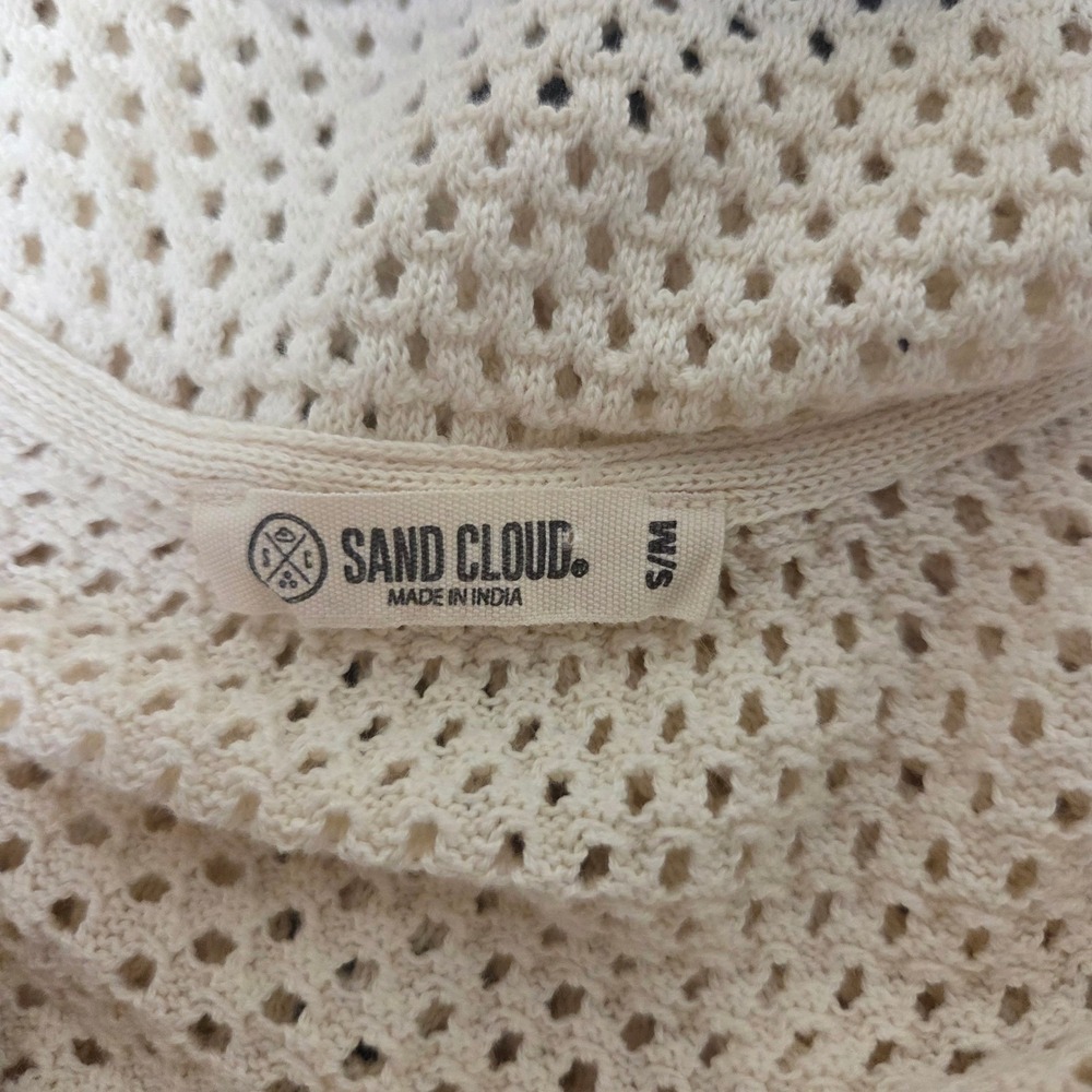 Sand Cloud Open Knit Cardigan Cream Black Trim Wood Buttons Coastal S/M - Picture 4 of 5